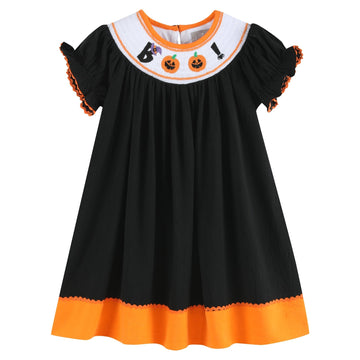 Black and Orange Boo Halloween Smocked Bishop Dress - Lil Cactus