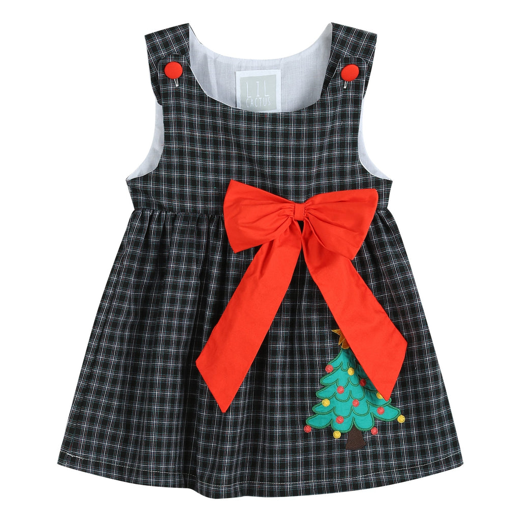 Black Tweed Plaid Christmas Tree Dress with Big Bow - Lil Cactus