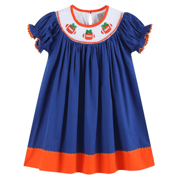 Blue and Orange Football Smocked Bishop Dress - Lil Cactus