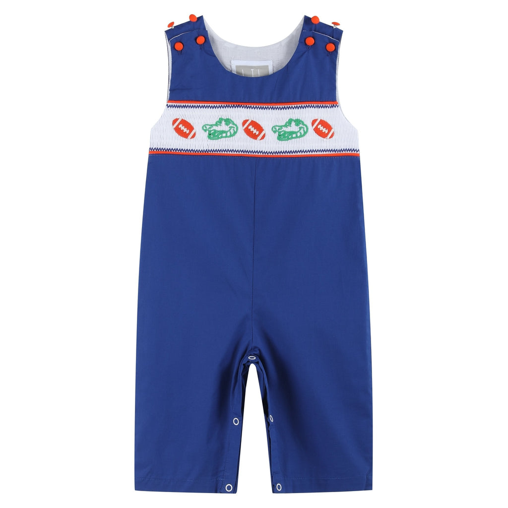 Blue and Orange Football Smocked Overalls - Lil Cactus