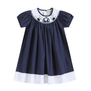 Blue and White Christmas Nativity Smocked Bishop Dress - Lil Cactus