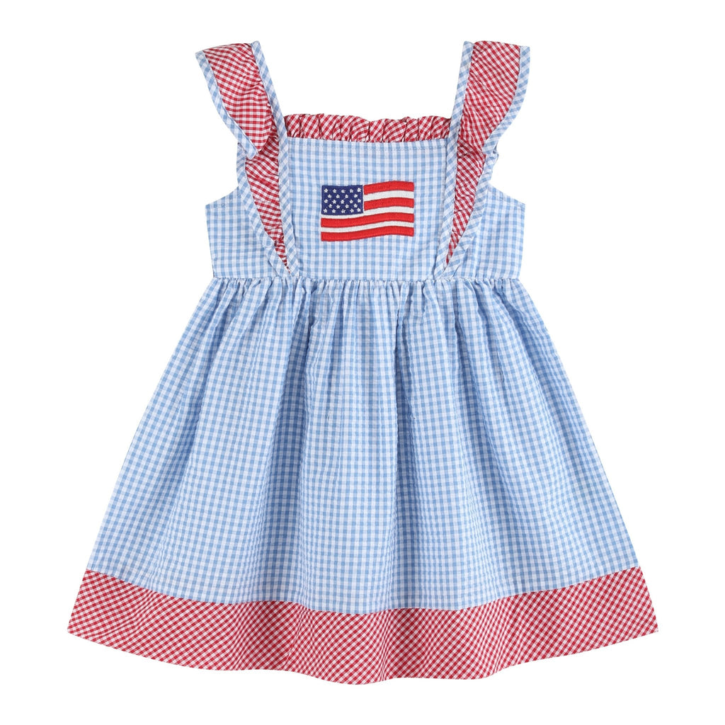 Blue Gingham American Flag Ruffle Dress - Lil Cactus