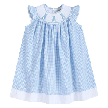 Blue Gingham Easter Bunny Smocked Bishop Dress - Lil Cactus