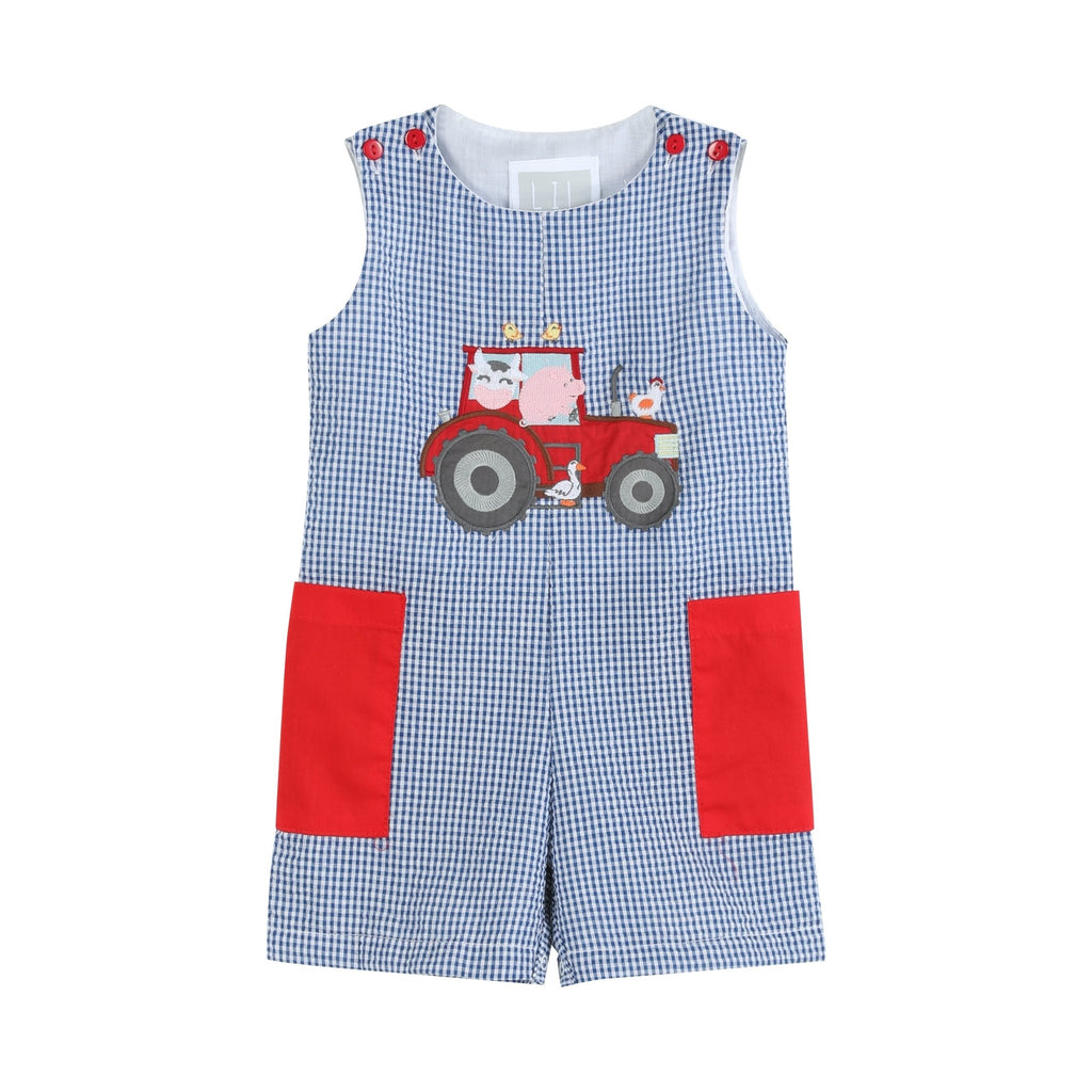 Blue Gingham Farm Animal Tractor Pocket Shortalls - Lil Cactus