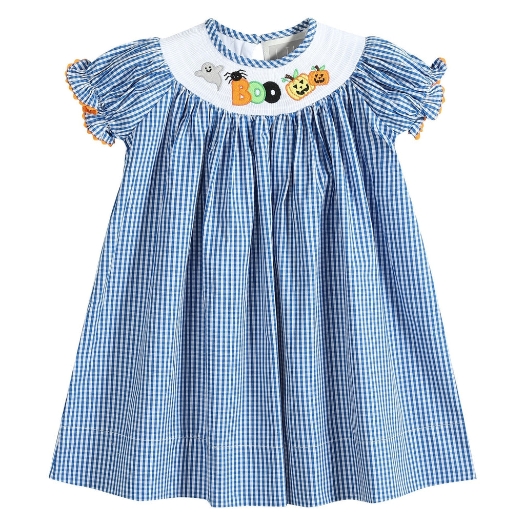 Blue Gingham Halloween Boo Smocked Bishop Dress - Lil Cactus