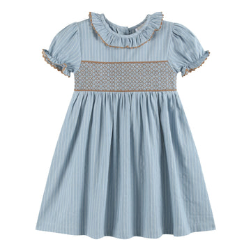 Blue Pinstripe Smocked Ruffle Collar Dress - Lil Cactus