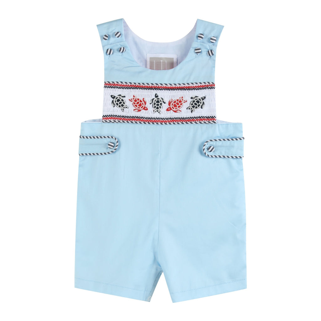 Blue & Red Turtle Applique Smocked Shortalls - Lil Cactus