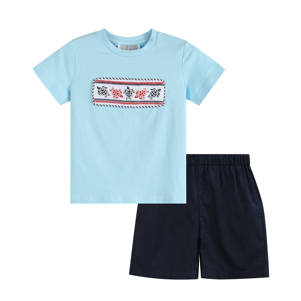 Blue & Red Turtle Smocked Applique Crewneck Tee & Navy Shorts - Lil Cactus