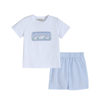 Blue Seersucker Bunnies Smocked Shirt and Shorts Set - Lil Cactus