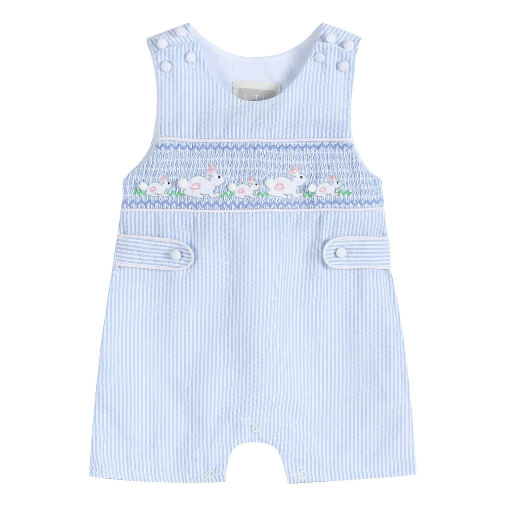 Blue Seersucker Bunnies Smocked Shortall - Lil Cactus