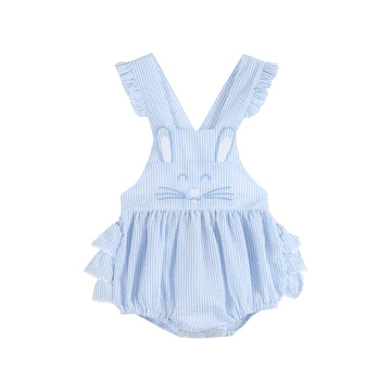 Blue Seersucker Bunny Face Ruffle Romper - Lil Cactus