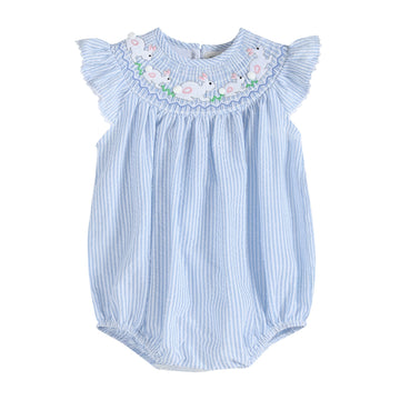 Blue Seersucker Bunny Smocked Flutter Romper - Lil Cactus