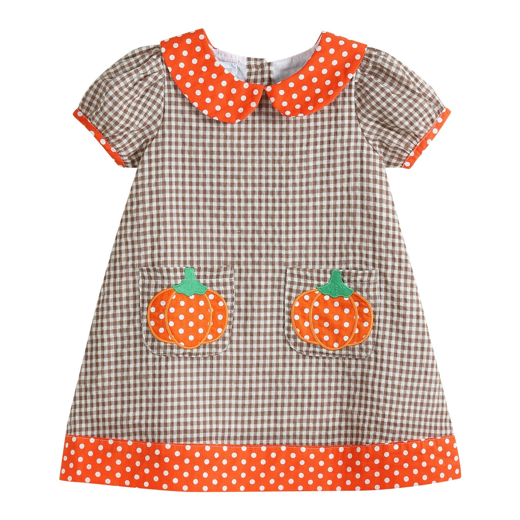 Brown Gingham and Orange Pumpkin A - Line Dress - Lil Cactus