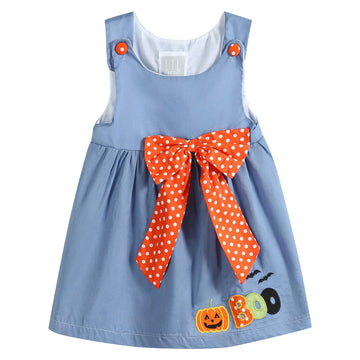 Denim Blue Halloween Boo Dress with Big Bow - Lil Cactus