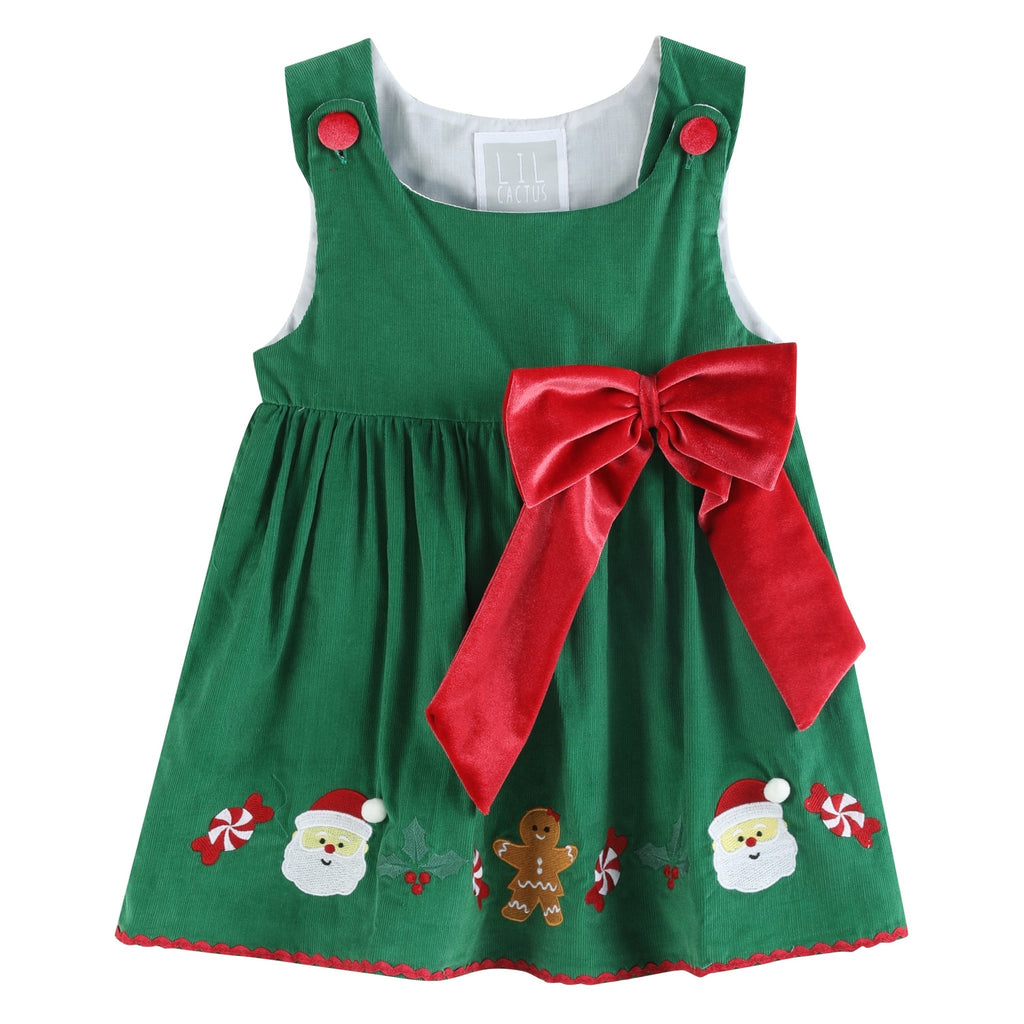 Green Corduroy Christmas Applique Dress - Lil Cactus