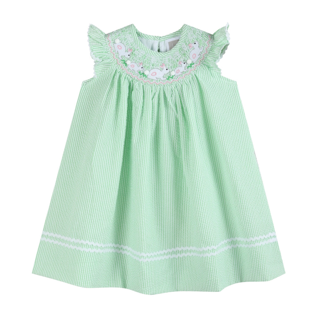 Green Seersucker Easter Bunny Smocked Bishop Dress - Lil Cactus