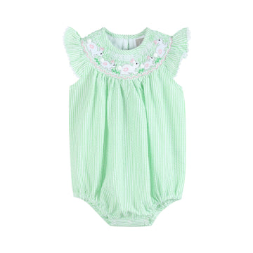 Green Seersucker Easter Bunny Smocked Flutter Romper - Lil Cactus