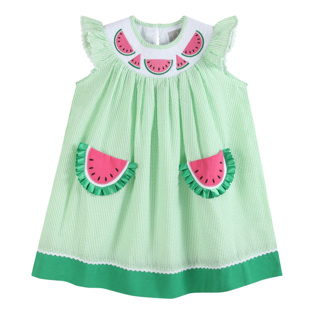 Green Seersucker Watermelon Smocked Bishop Dress - Lil Cactus