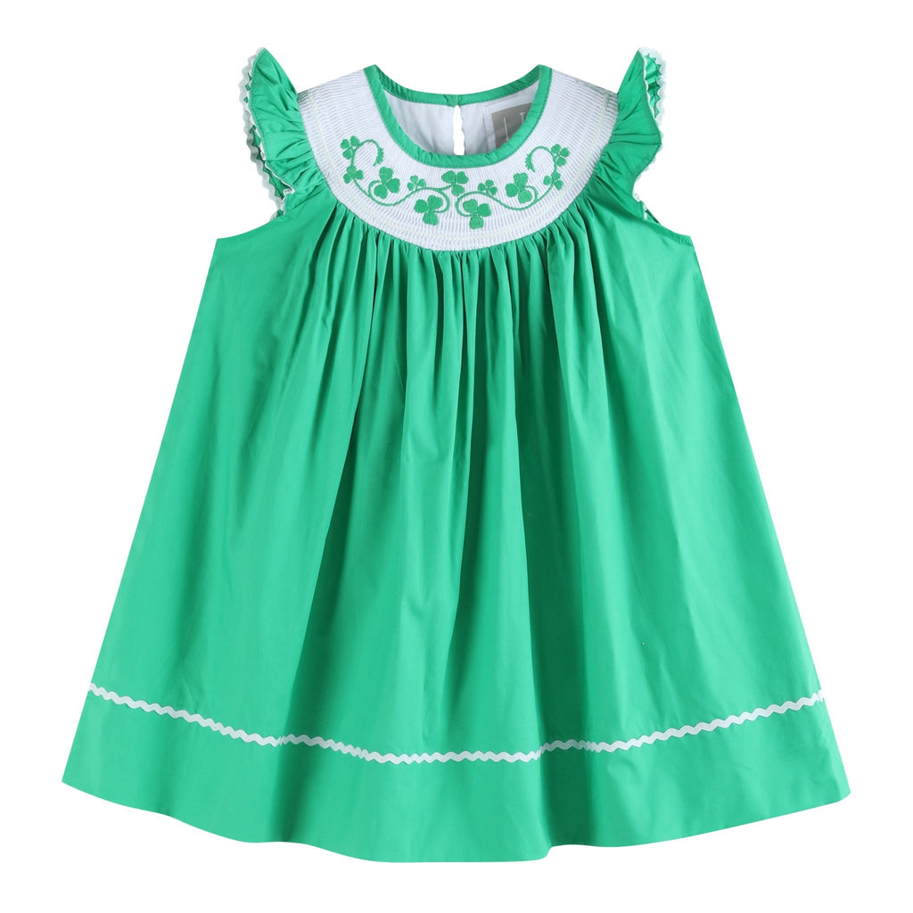 Green St. Patrick's Day Shamrock Smocked Bishop Dress - Lil Cactus