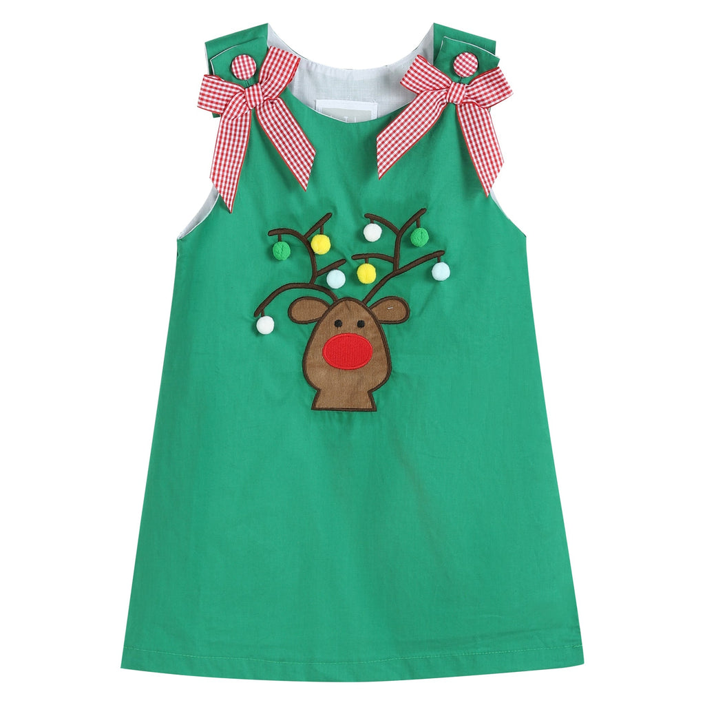 Green Swing Dress with Pompom Reindeer - Lil Cactus