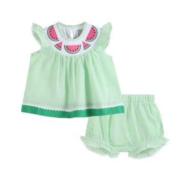 Green & White Stripe Watermelon Smocked Angel - Sleeve Dress & Bloomers - Lil Cactus