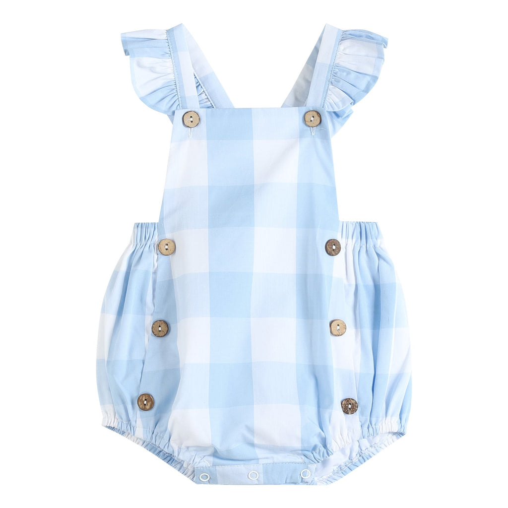 Large Check Blue Gingham Ruffle Button Romper - Lil Cactus