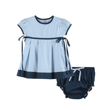 Light Blue and Dark Blue Ribbon Dress and Bloomers - Lil Cactus