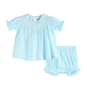 Light Blue Daisy Smocked Dress and Bloomer Set - Lil Cactus