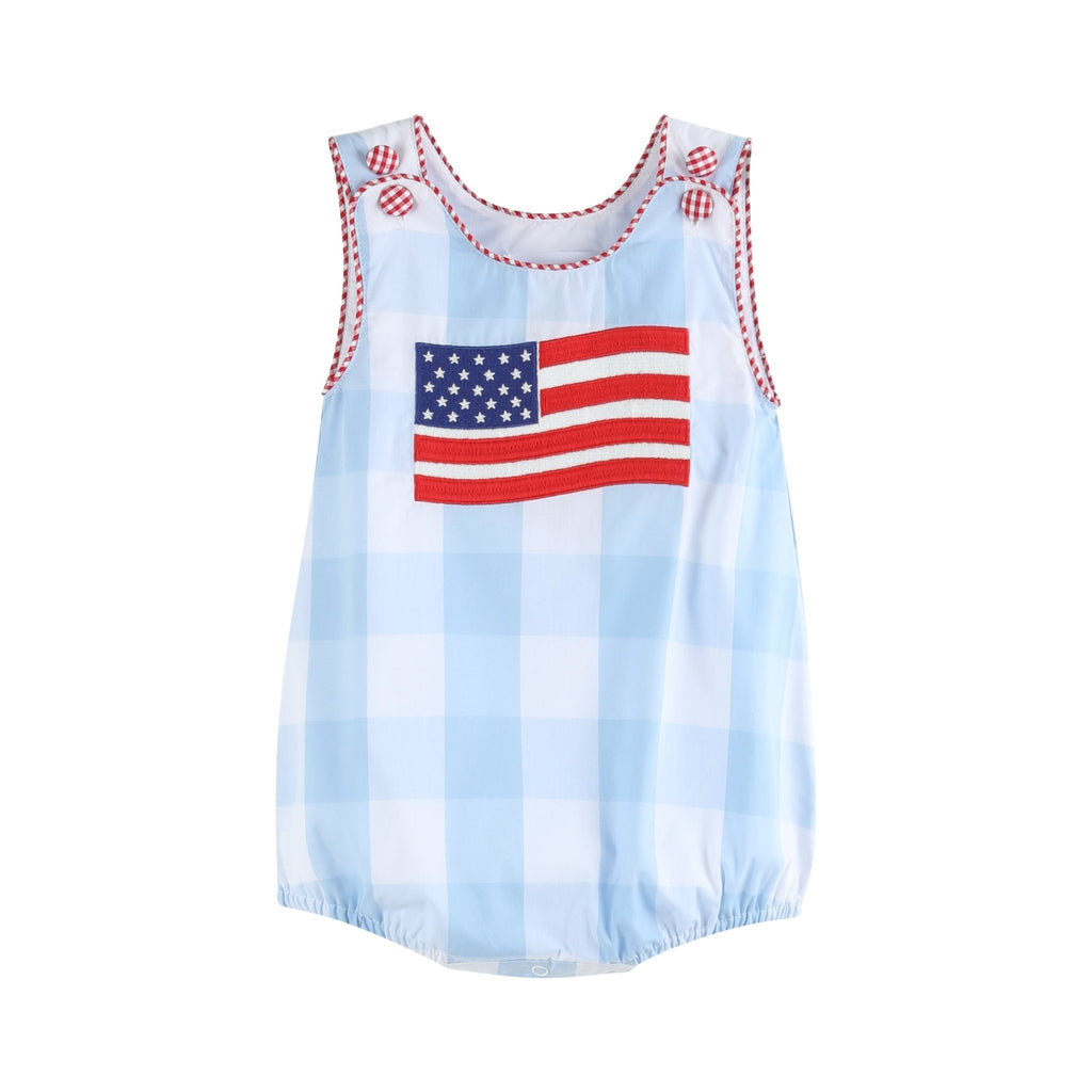 Light Blue Gingham American Flag Romper - Lil Cactus