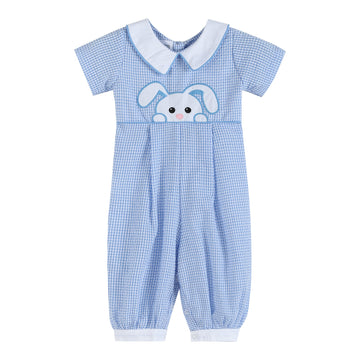 Light Blue Gingham Peek - a - Boo Easter Bunny Collared Romper - Lil Cactus