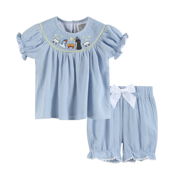 Light Blue Nativity Smocked Dress and Bloomers Set - Lil Cactus