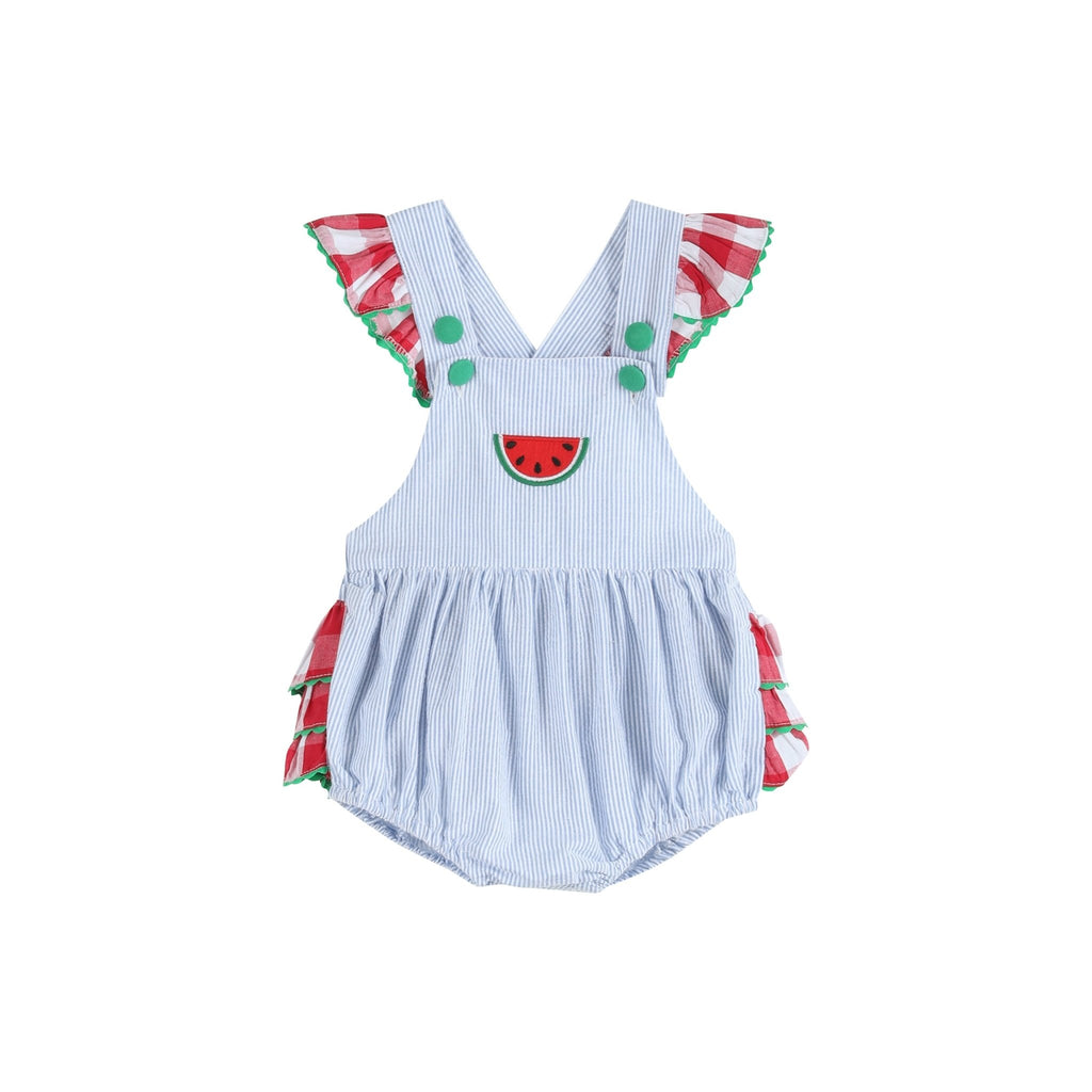 Light Blue Seersucker and Gingham Watermelon Ruffle Romper - Lil Cactus