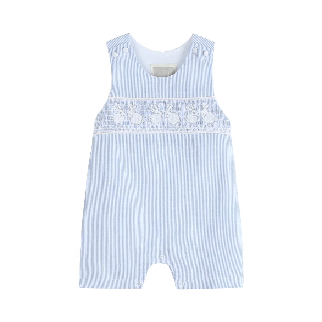 Light Blue Seersucker Bunny Smocked Shortalls - Lil Cactus