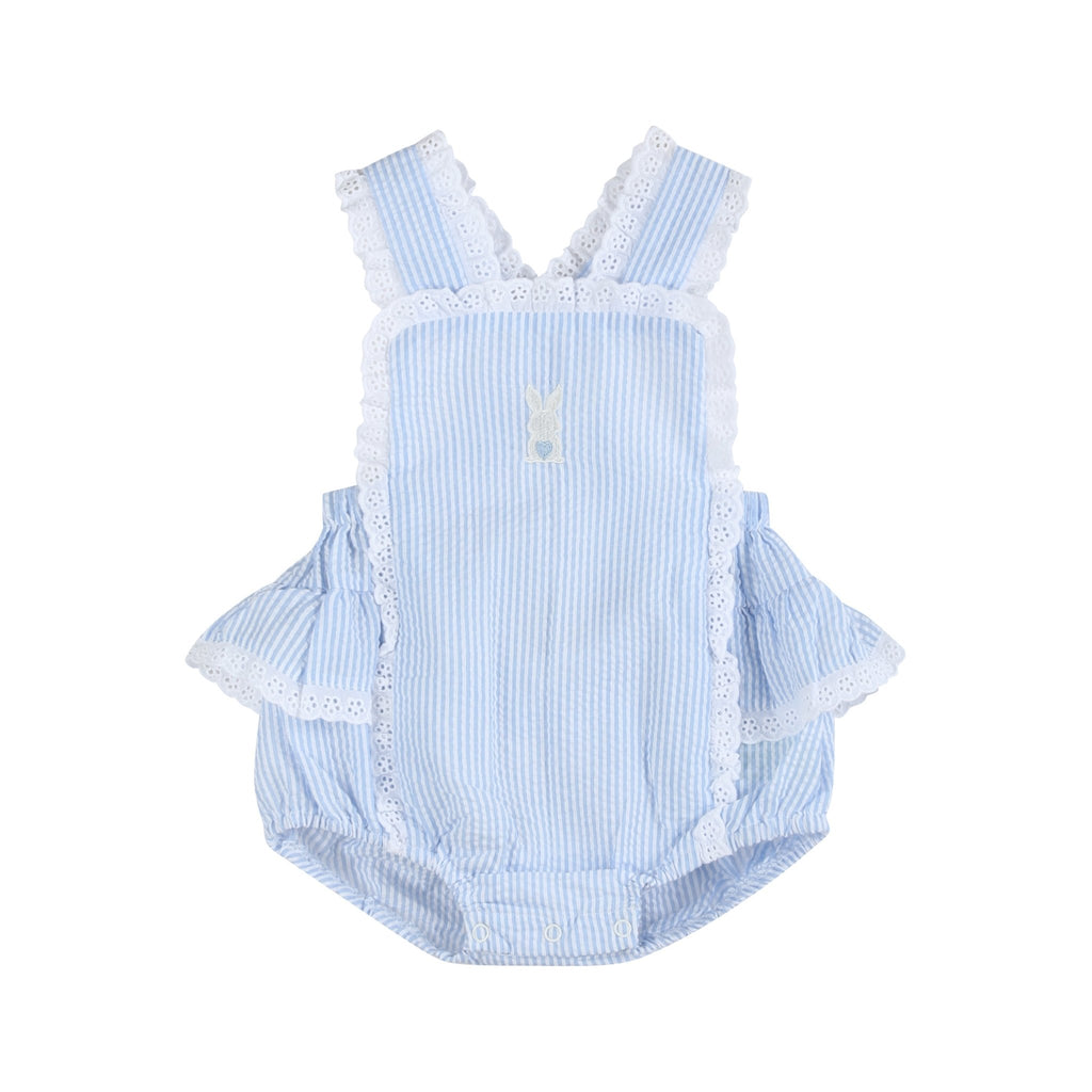 Light Blue Seersucker Easter Bunny Ruffle Romper - Lil Cactus