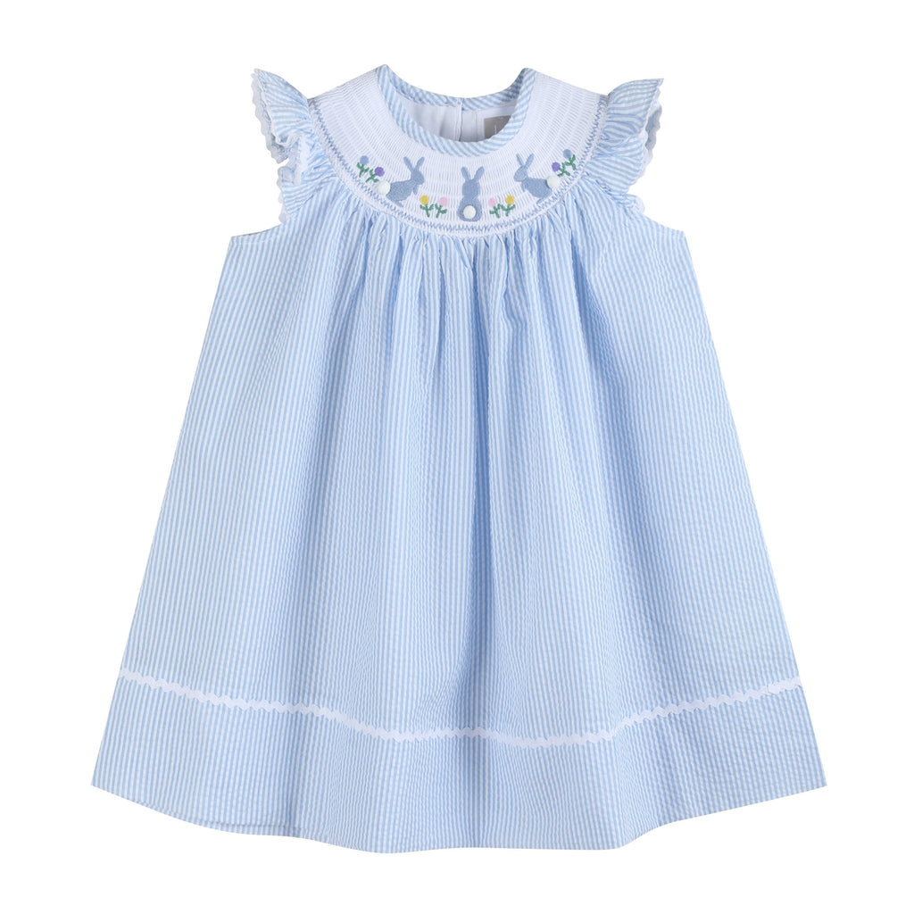 Light Blue Seersucker Easter Bunny Smocked Bishop Dress - Lil Cactus