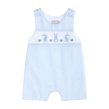 Light Blue Seersucker Easter Bunny Smocked Overalls - Lil Cactus