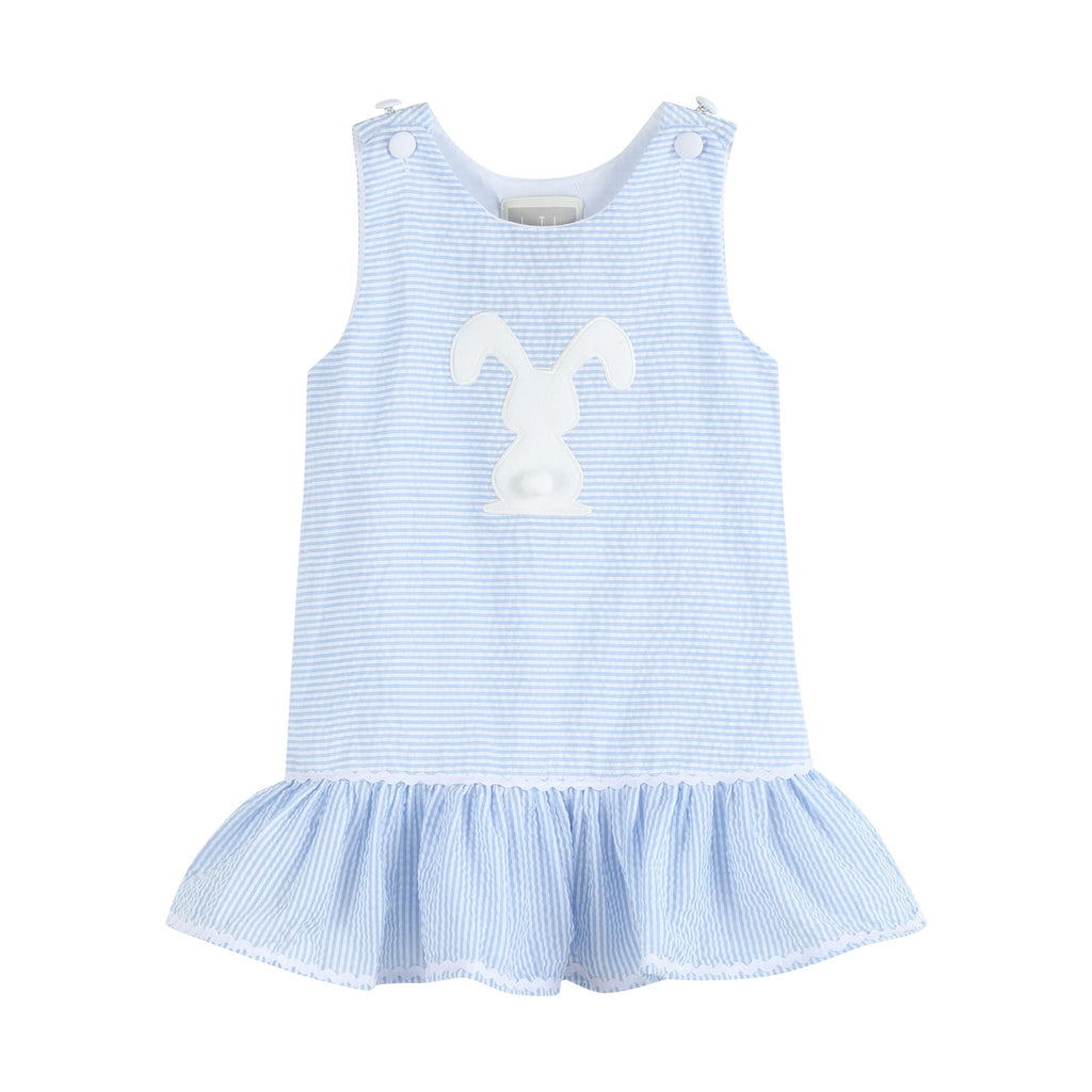 Light Blue Seersucker Pom Pom Bunny Swing Dress - Lil Cactus