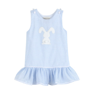 Light Blue Seersucker Pom Pom Bunny Swing Dress - Lil Cactus