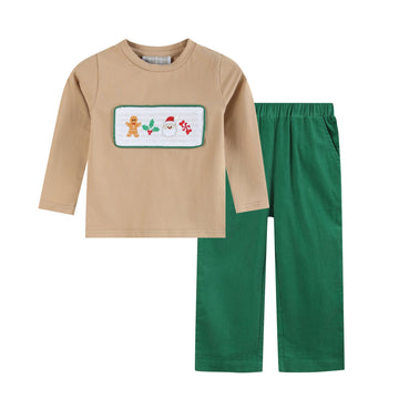 Light Brown Christmas Smocked Shirt and Green Corduroy Pants Set - Lil Cactus