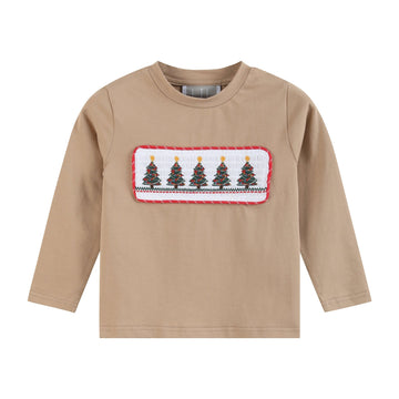 Light Brown Christmas Tree Smocked Shirt - Lil Cactus