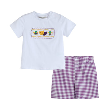 Mardi Gras Smocked Tee and Purple Gingham Shorts Set - Lil Cactus