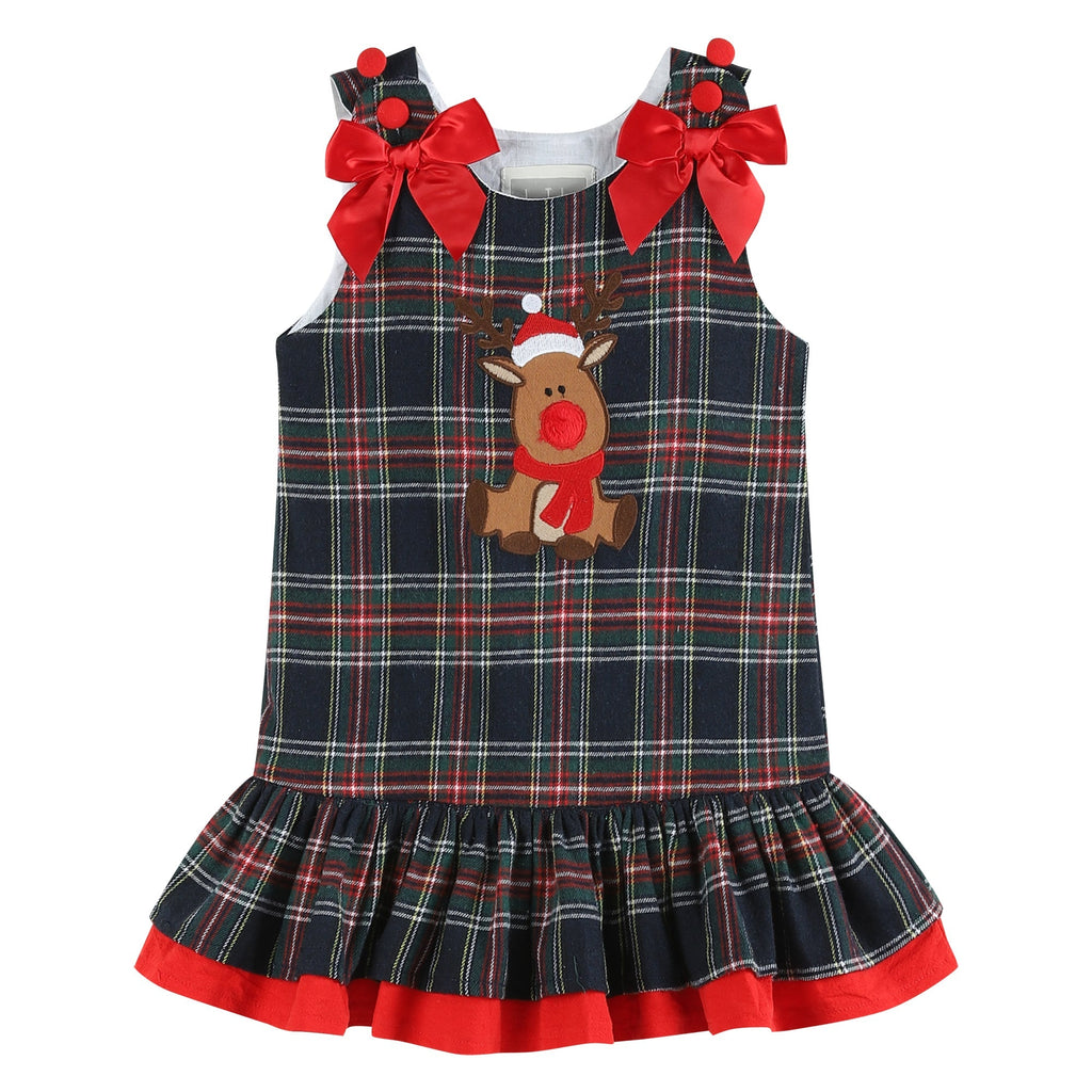 Navy and Red Plaid Reindeer Ruffle Dress - Lil Cactus