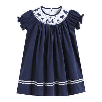 Navy Blue Corduroy Nativity Smocked Bishop Dress - Lil Cactus