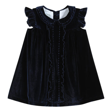 Navy Blue Velour Flutter Sleeve Dress - Lil Cactus