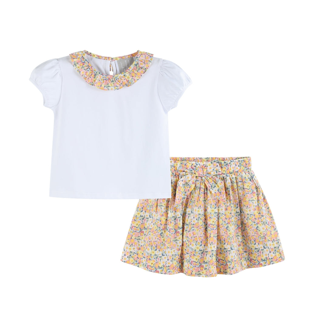 Peach Floral Print Skort and Collared Ruffle Shirt 2pc Set - Lil Cactus