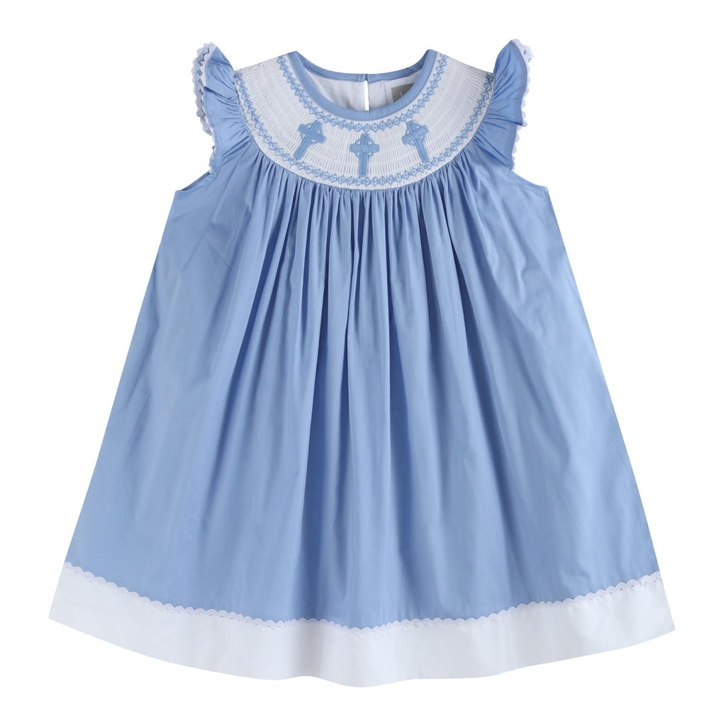 Periwinkle Blue Crosses Smocked Bishop Dress - Lil Cactus