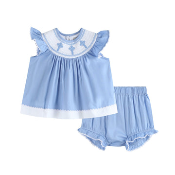 Periwinkle Blue Crosses Smocked Dress and Bloomers Set - Lil Cactus