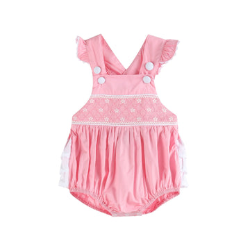 Pink and White Flower Smocked Ruffle Romper - Lil Cactus