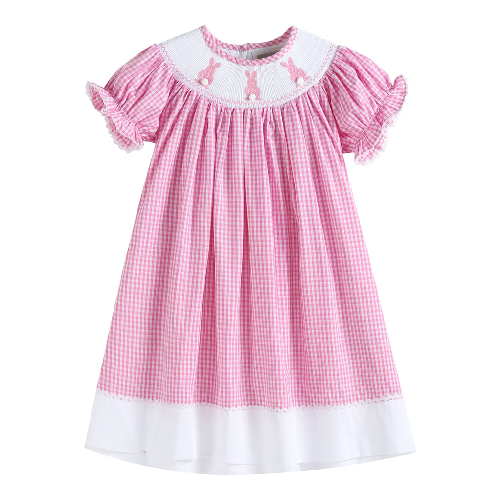 Pink Gingham Easter Bunny Smocked Bishop Dress - Lil Cactus