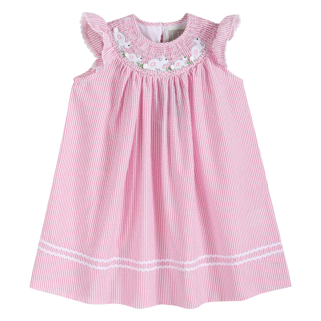 Pink Seersucker Running Bunnies Smocked Bishop Dress - Lil Cactus